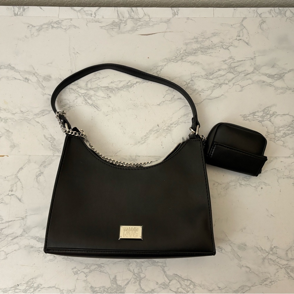 Madden NYC Women's Chain Crossbody Handbag with Pouch, Black White Furry Fir - Picture 2 of 10